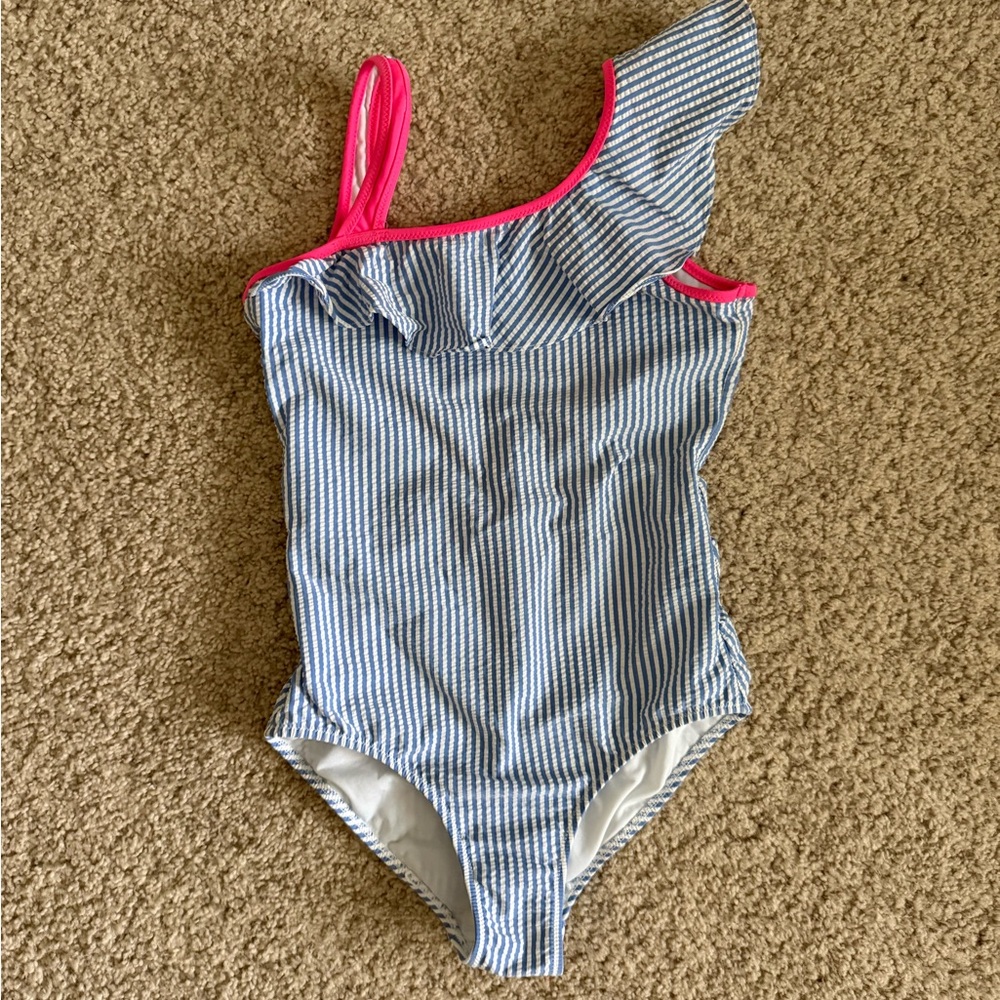 Girls Crewcuts One-Shoulder Seersucker Swimsuit with Pink Trim